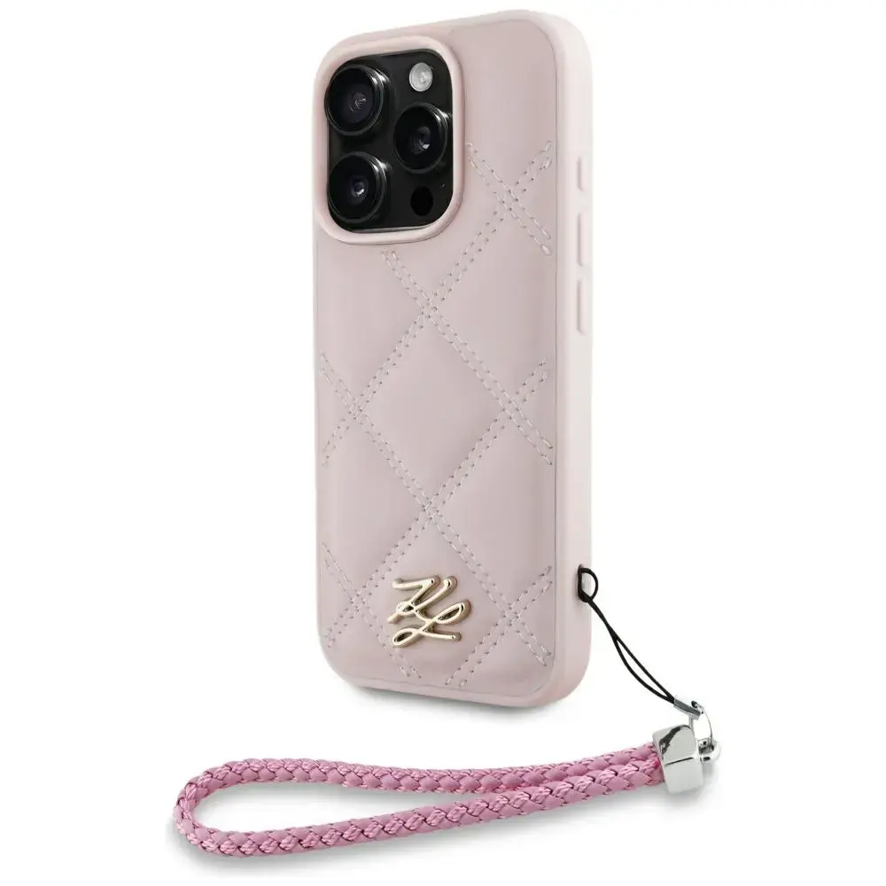 Karl Lagerfeld Quilted Initial Logo & Chain Strap phone case for iPhone 16 Pro Max pink