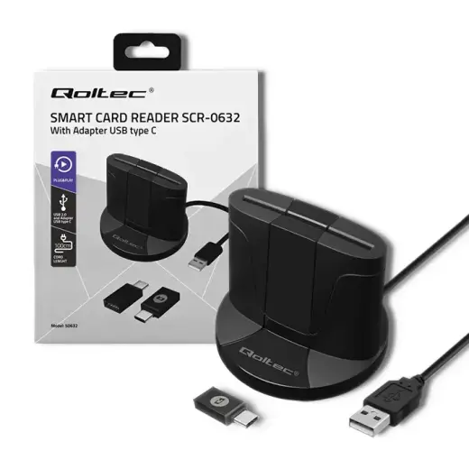 Qoltec Intelligent Smart ID chip card reader SCR-0632 | USB 2.0 + USB-C Adapter