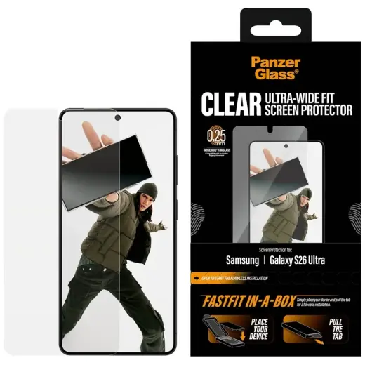 PanzerGlass Ultra-Wide Fit FastFit karastatud kaitseklaas telefonile Galaxy S26 Ultra paigaldusraamiga
