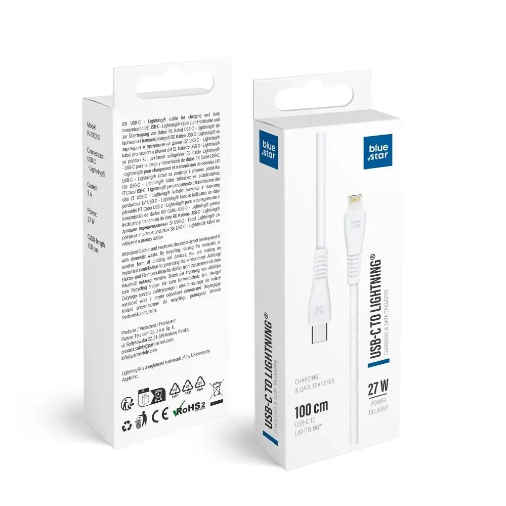 Blue Star PJ-DQ2-C datu pārraides un uzlādes vads | USB-C uz Lightning | PD | 27W | 1m | balts