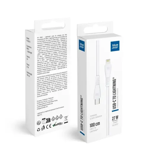 Blue Star PJ-DQ2-C andmeedastus- ja laadimiskaabel | USB-C kuni Lightning | PD | 27W | 1m | valge