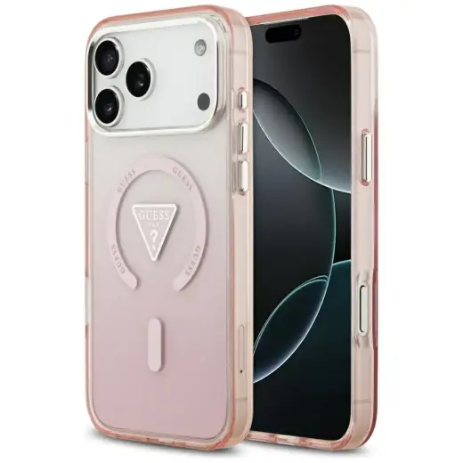 Guess Case Magsafe IML Gradient Case With Print Triangle Logo & Silver Metal Camera Buttons For iPhone 17 Pro Max Pink