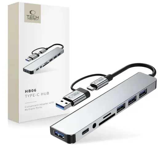 Tech-Protect HB06 HUB Adapter 8in1 TYPE-C + USB2.0 + USB3.0 + SD|TF + AV3.5 - gray