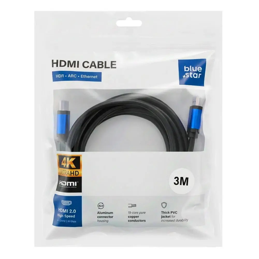 Cable HDMI 2.0 Blue Star 4K 120Hz - High Speed, HDR, ARC, Ethernet, AWM, 18Gbps 1,5 m black