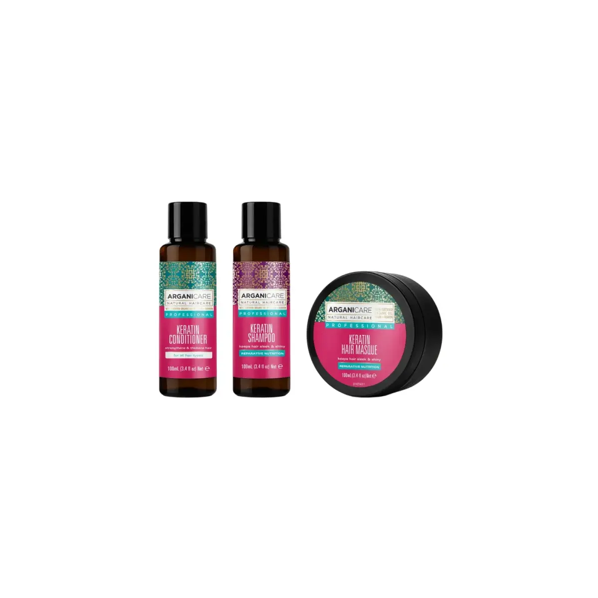 Set Arganicare: Keratin, Hair Conditioner, Nourishing & Strengthening, 100 ml + Keratin, Hair Shampoo, Repairing & Nourishing, 100 ml + Keratin, Hair Treatment Cream Mask, Nourishing & Repairing, 100 ml