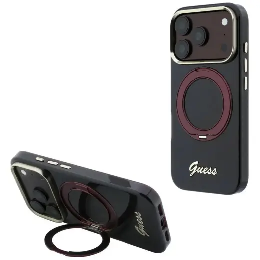Guess IML Ring Stand 360 Script Metal Logo telefono dėklas su stovu ir MagSafe palaikymu iPhone 18 Pro | iPhone 17 Pro raudonas