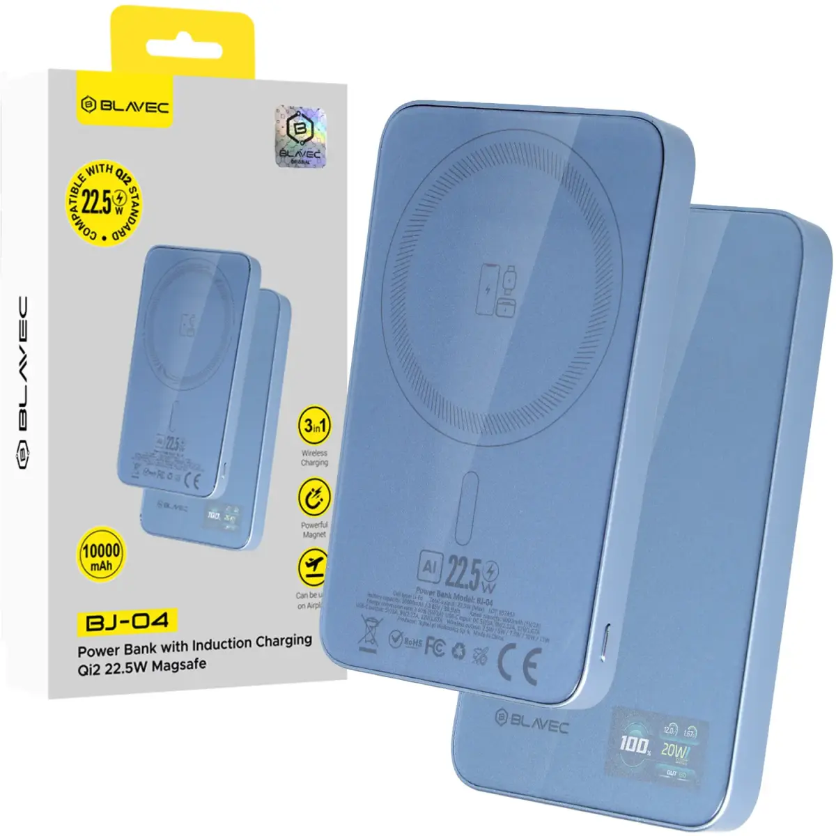 Blavec BJ-04 Slim 13.5mm 3-in-1 (PBBJ04-MC5LB) Power Bank | 10,000 mAh | 22.5W | USB-C, Wireless, MagSafe | blue