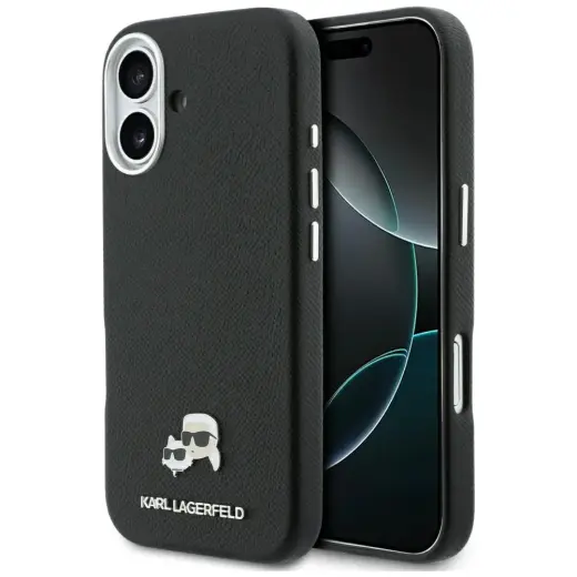 Karl Lagerfeld Karl & Choupette Head Pins Saffiano maciņš ar MagSafe atbalstu telefonam iPhone 17 melns