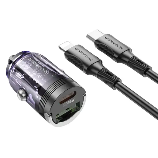 Borofone BBZ29A Talented car charger | 36W | PD, QC | USB-C, USB-A, Lightning | with Type-C to Lightning cable included | transparent-purple
