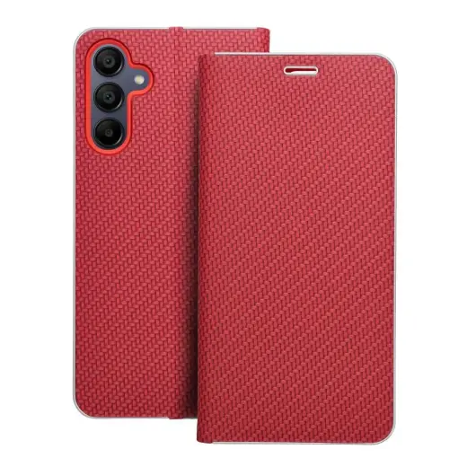 LUNA Book Carbon knyginio tipo telefono dėklas Samsung Galaxy A15 4G (A155) | A15 5G (A156) raudonas