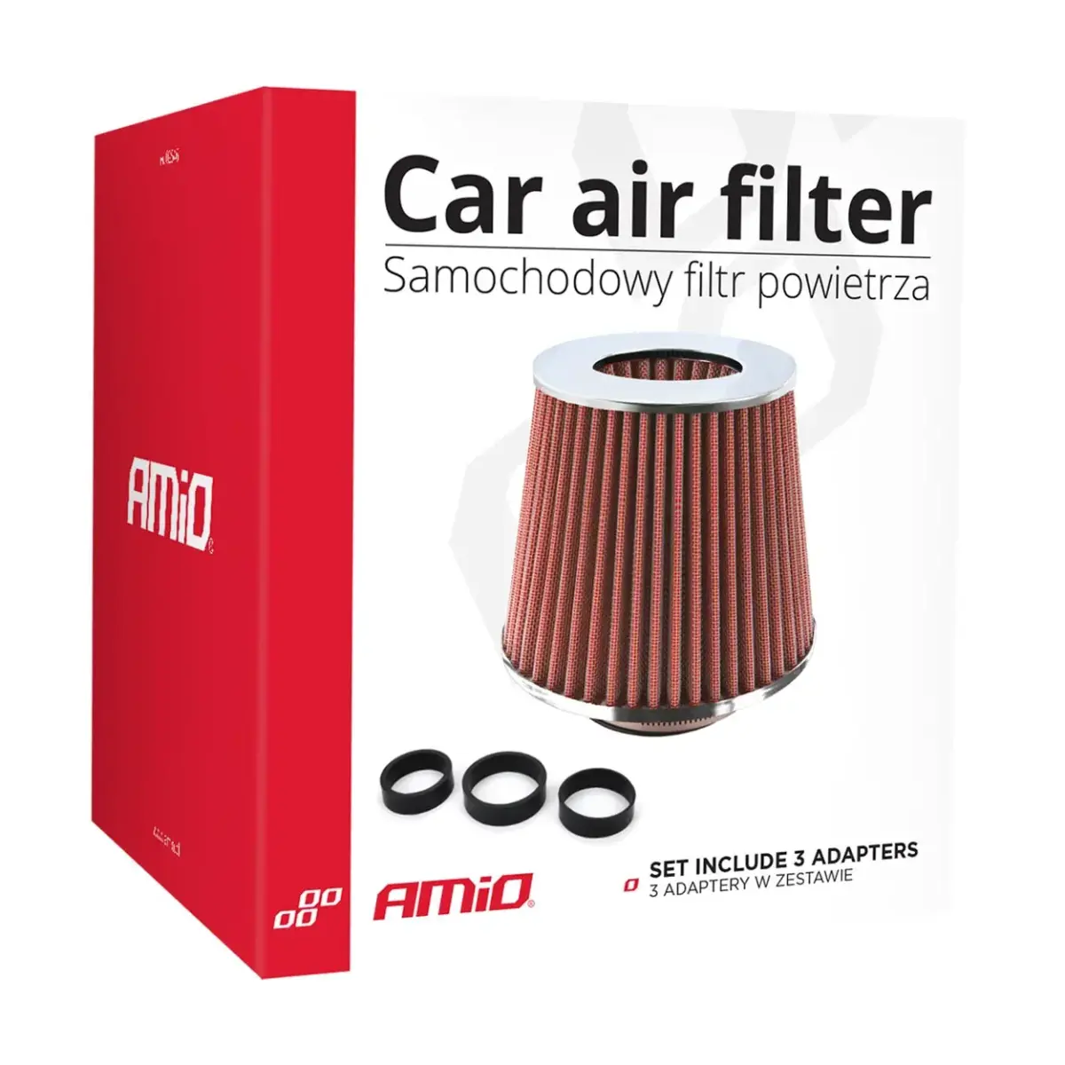 Car Air Conical Filter red/chrome, universal, 3 mouting adapters AMIO-01282