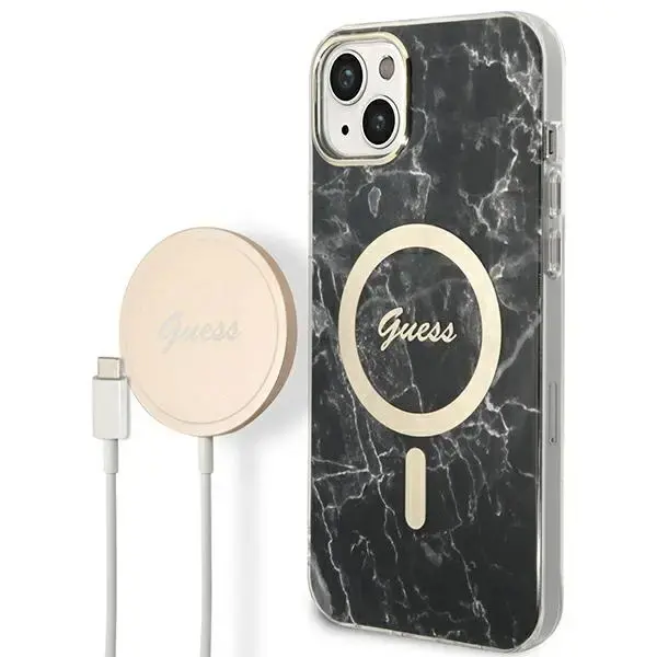 Guess GUBPP14SHMEACSK Marble maciņš ar MagSafe atbalstu telefonam iPhone 14 | iPhone 15 | iPhone 13 melns