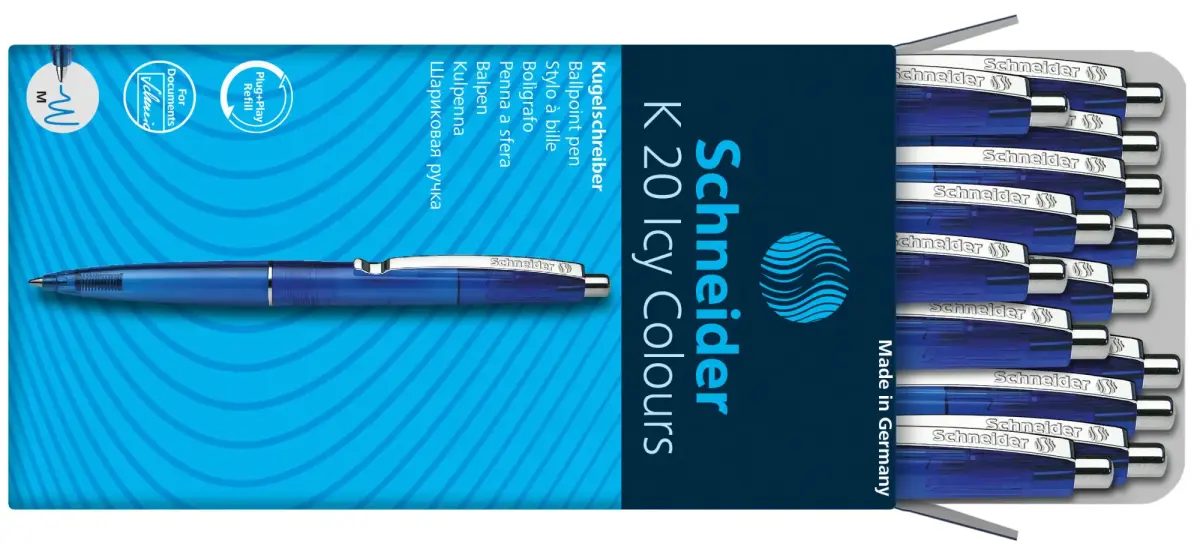 Lodīšu pildspalva SCHNEIDER ICY COLOURS K20, caurspīdīgi-zils korpuss, zila tinte
