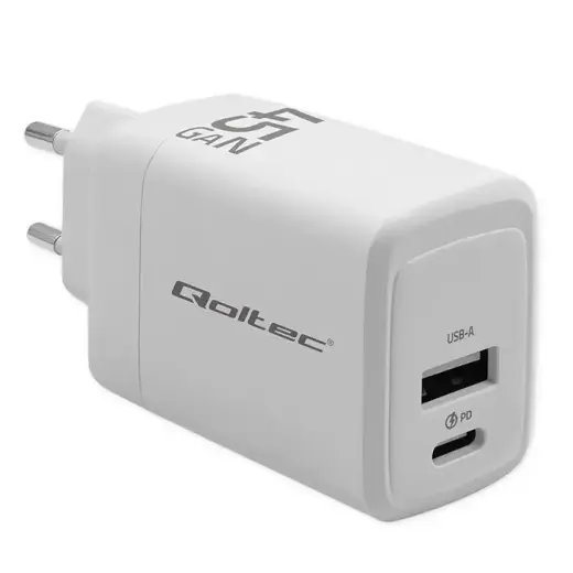 Qoltec GaN Charger kelioninis įkroviklis | 45W | PD, GaN | USB-C, USB-A