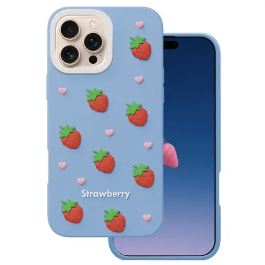 Strawberry telefono dėklas iPhone 16 Pro mėlynas