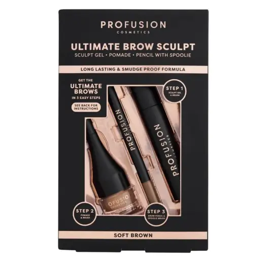 Set Profusion Cosmetics: Ultimate Brow Sculpt, Eyebrow Gel, Soft Brown, 1.8 g + Ultimate Brow Sculpt, Defining, Eyebrow Cream Pencil & Brush 2-In-1, Soft Brown, 0.07 g + Ultimate Brow Sculpt, Eyebrow Pomade, Soft Brown, 4 ml