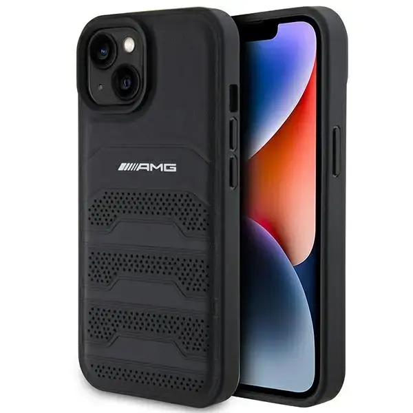 AMG AMHMP15S23SMRK Leather Debossed Lines phone case with MagSafe support for iPhone 15 | iPhone 14 | iPhone 13 black