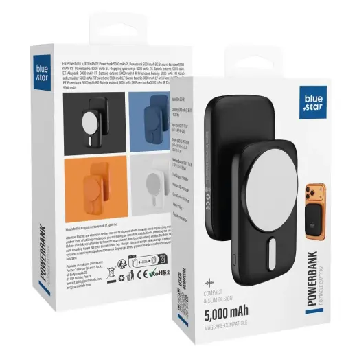 Blue Star Slim DG-P8 väline akupank (powerbank) | 5 000 mAh | 20W | PD | USB-C, MagSafe, Wireless | must