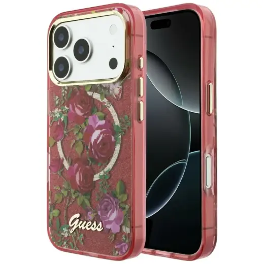 Case Guess IML Glitter Blossom Roses MagSafe for iPhone 18 Pro / iPhone 17 Pro burgundy