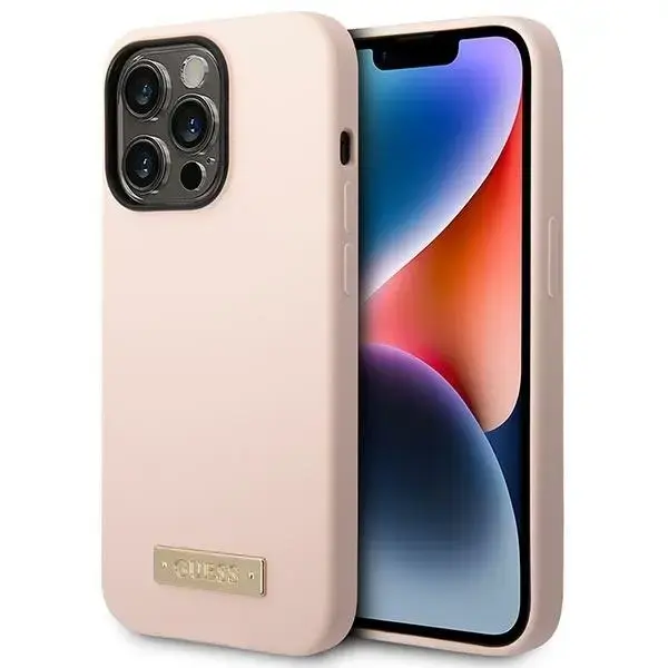 Guess GUHMP14XSBPLP iPhone 14 Pro Max 6,7" różowy|pink hard case Silicone Logo Plate MagSafe