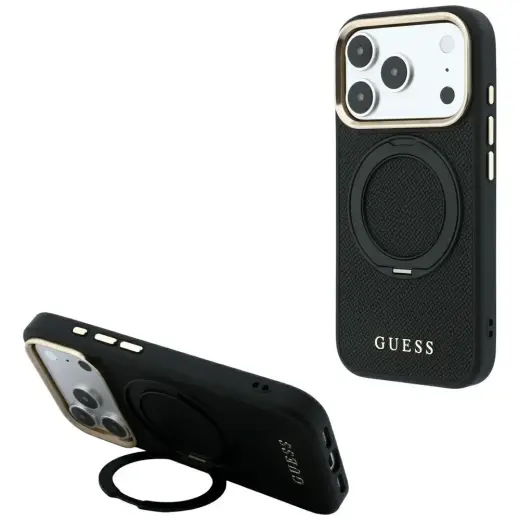 Guess Ring Stand 360 Grained Classic Logo maciņš ar statīvu un MagSafe atbalstu telefonam iPhone 18 Pro Max | iPhone 17 Pro Max melns