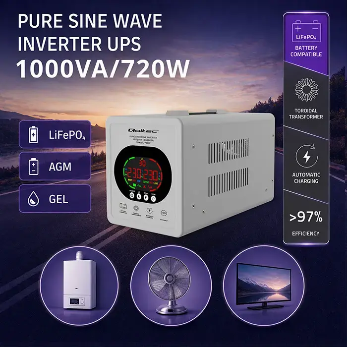 Qoltec Pure Sine Wave UPS | 1000VA/720W | 12/230V inverter with AVR | LCD | LiFePO4 AGM GEL