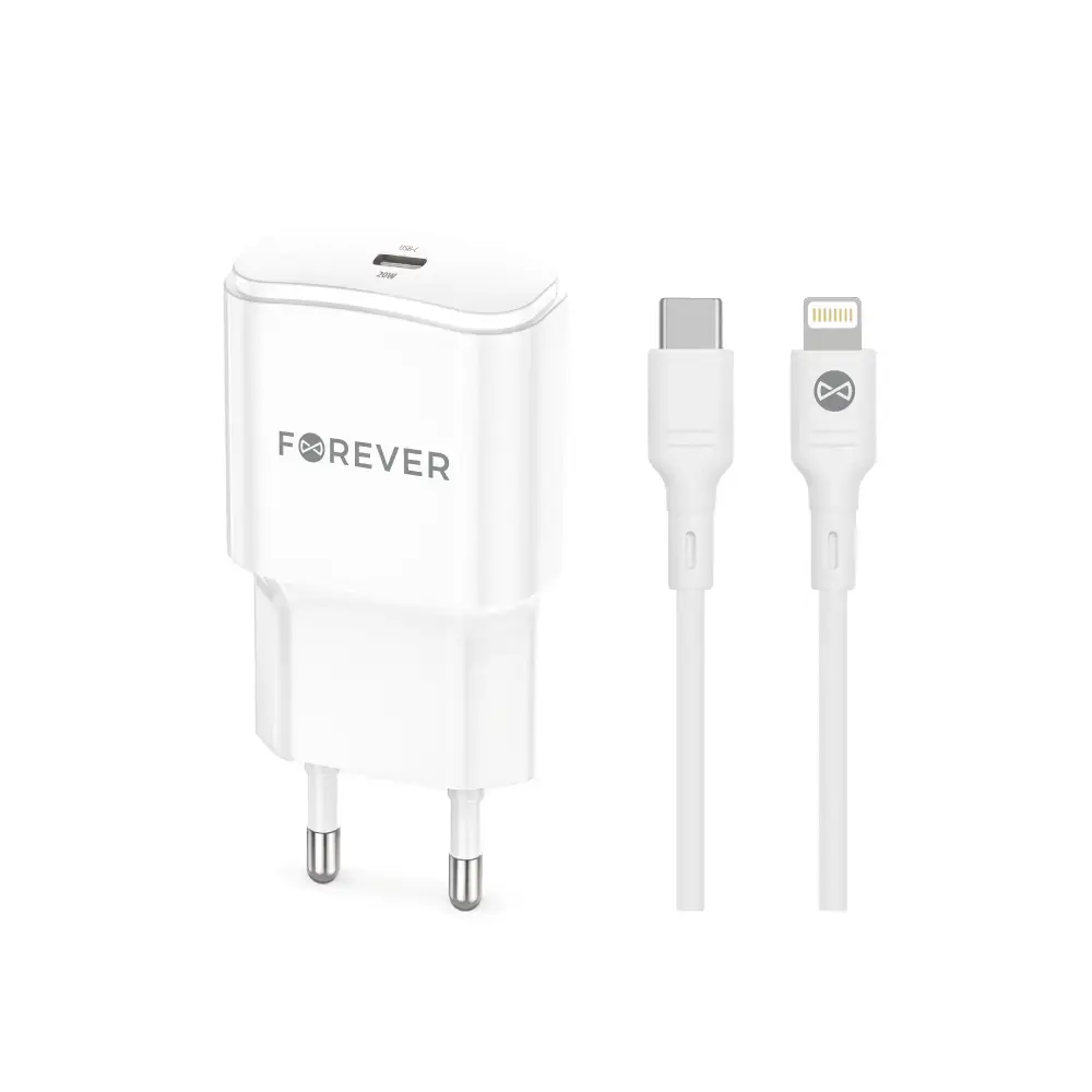 Forever TC-01-20AC зарядное устройство | 20W | PD, QC | USB-C, USB-A | с проводом USB-C на Lightning в комплекте | белое