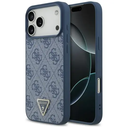Etui Guess Leather 4G Triangle Strass     MagSafe do iPhone 17 Pro Max niebieski