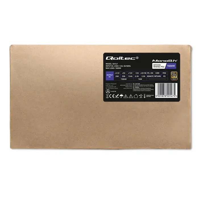 Qoltec ATX Power Supply 1600W | 80 Plus Gold | Data mining