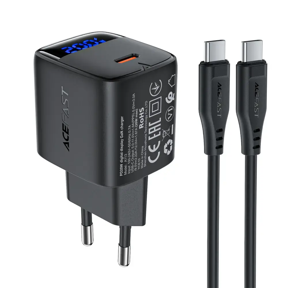 Зарядное устройство Acefast A113 | 20W | PD, GaN | USB-C | с кабелем USB-C на USB-C в комплекте | чёрное