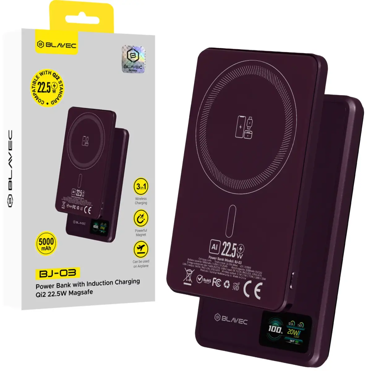 Blavec BJ-03 Ultra Slim 7.8mm 3-in-1 (PBBJ03-MC5O) Power Bank | 5000 mAh | 22.5W | USB-C, MagSafe | purple