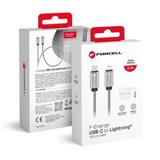 Forcell F-Energy C238 duomenų perdavimo ir įkrovimo laidas | USB-C į Lightning | PD | 27W | 1m | sidabrinis