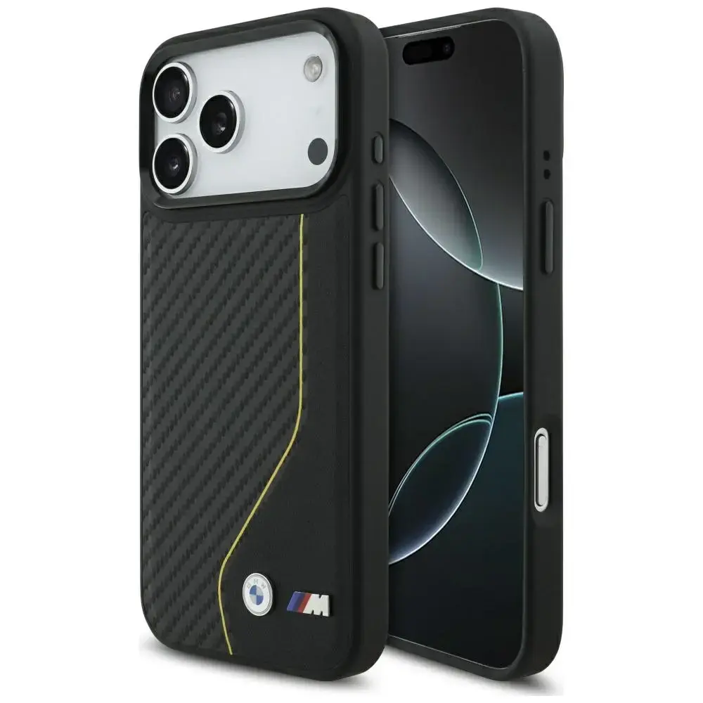BMW M Carbon Line & Logo maciņš ar MagSafe atbalstu telefonam iPhone 17 Pro Max dzeltena