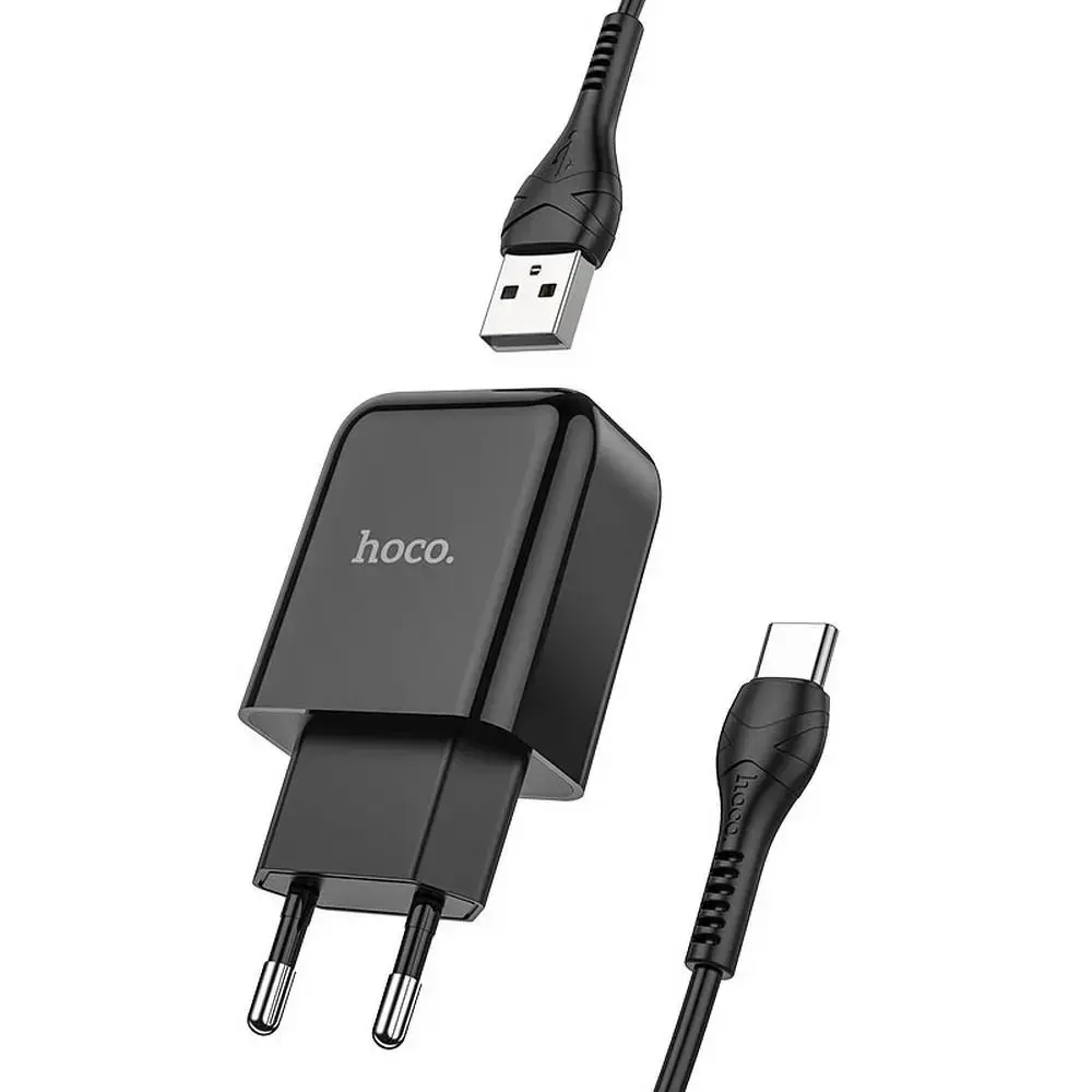 HOCO N2 tīkla lādētājs | 10W | USB-A | ar USB-A uz USB-C vadu komplektā | melns