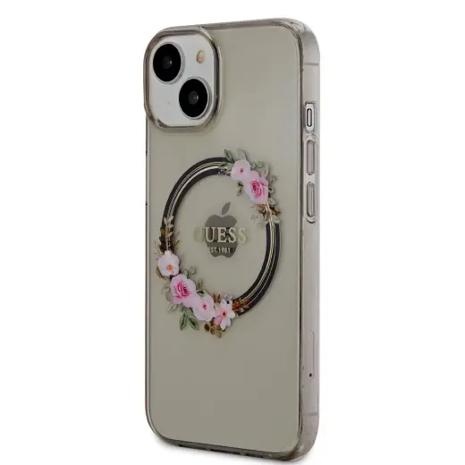 Guess Flowers Ring Glossy Logo чехол с подставкой и поддержкой MagSafe для телефона iPhone 14 чёрный