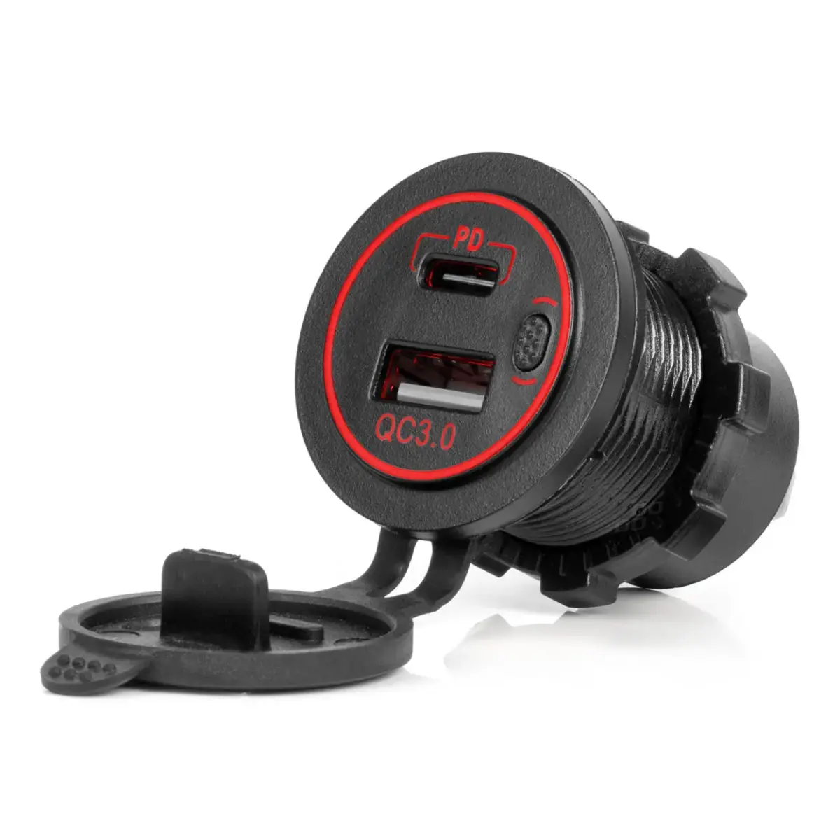 Waterproof Phone Charger with RED LED Backlight 2xUSB QC3.0 12/24V AMIO-04221