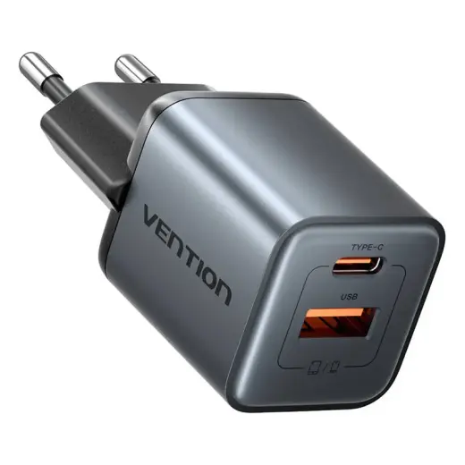 Vention 30W tīkla lādētājs | 30W | GaN | USB-C, USB-A | pelēks