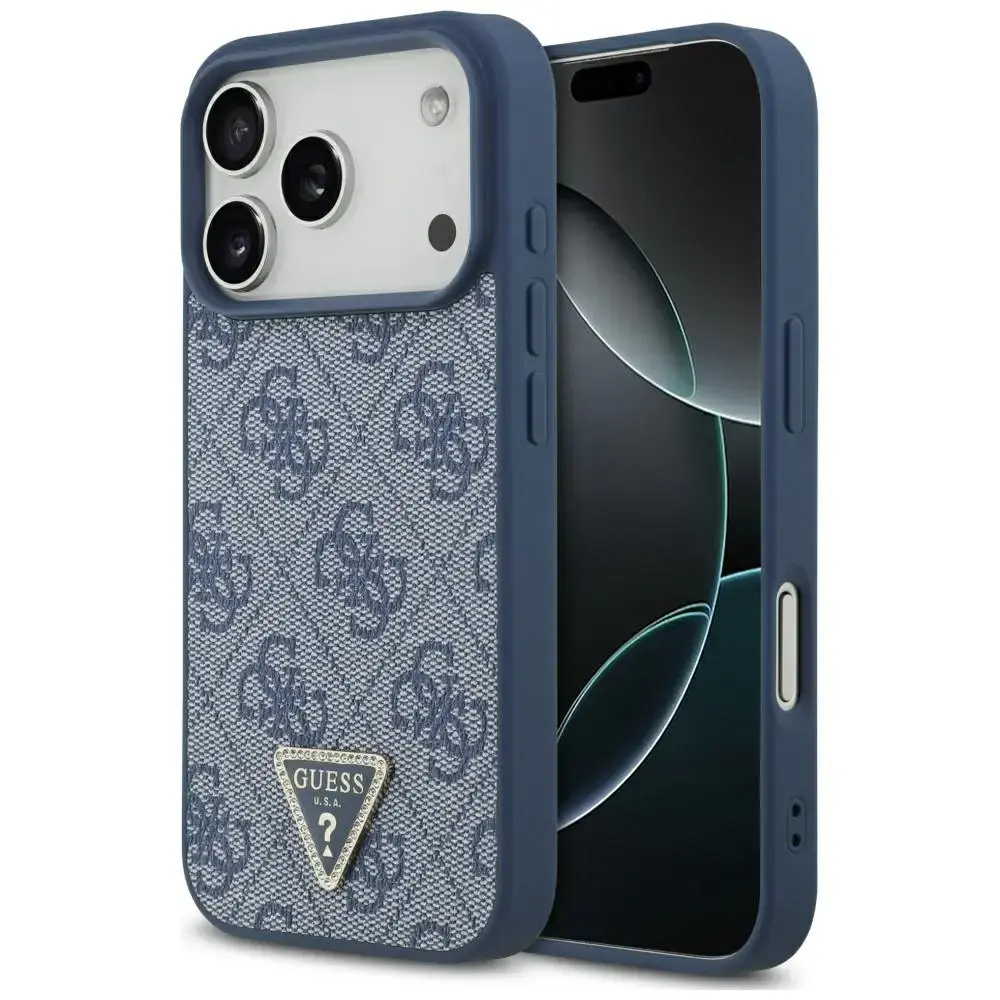 Etui Guess Leather 4G Triangle Strass     MagSafe do iPhone 17 Pro niebieski