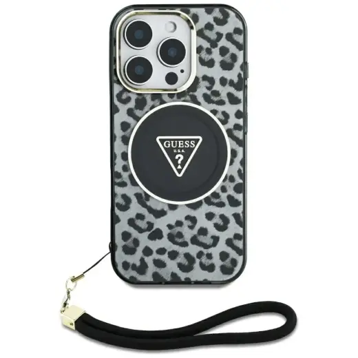 Etui Guess HC IML Leopard Triangle Cord   Strap do iPhone 16 MagSafe czarny