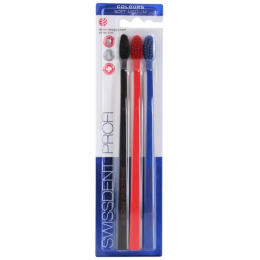 Swissdent Soft-Medium Toothbrush 2 + 1 FREE (Black + Red + Blue).