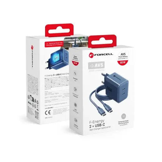 Forcell F-Energy GaN III Crystal Color tīkla lādētājs | 60W | GaN, PPS | USB-C | ar USB-C uz USB-C vadu komplektā | tumši zils