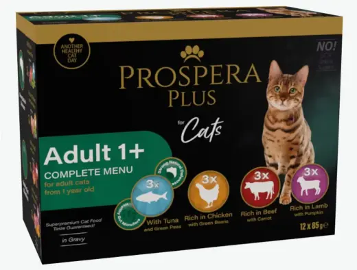 Konservi kaķiem - Prospera Plus, Cat Pouch Adult 1+, Mix, 12 x 85 g