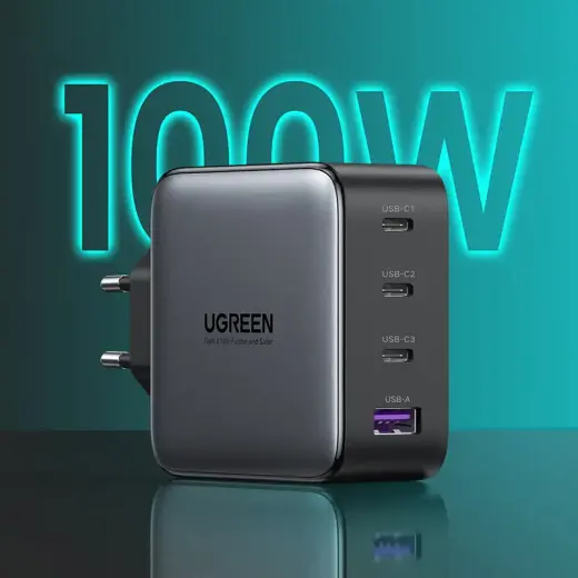 Ugreen GaN ātrais lādētājs 3x USB Type C | USB Power Delivery 3.0 QuickCharge 4+ FCP SCP AFC 100W EU melns (CD226 40747)
