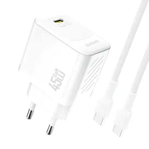 Dudao A28C tīkla lādētājs | 45W | GaN | USB-C | ar USB-C uz USB-C vadu komplektā | balts