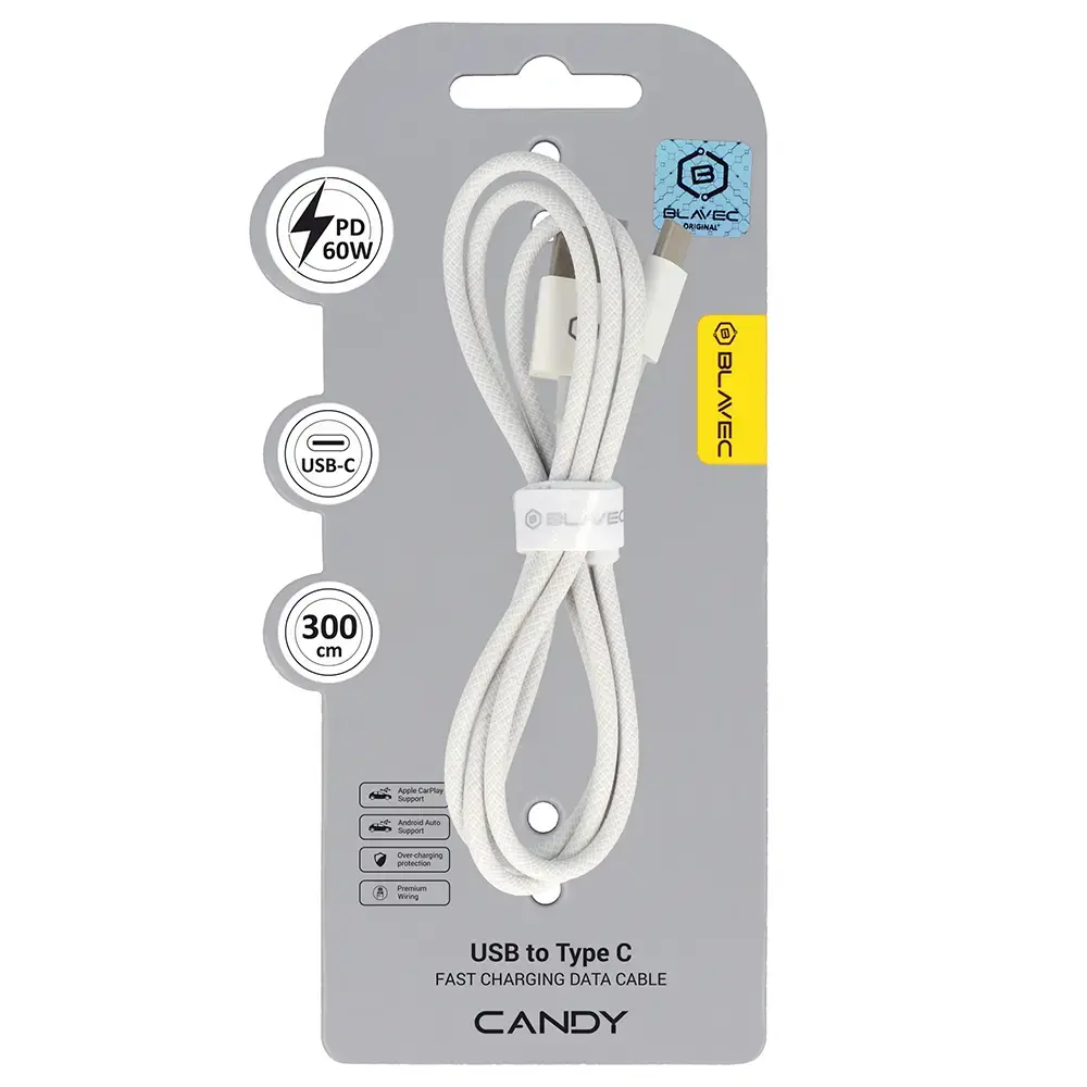 Blavec Candy CCA-UC3W30 datu pārraides un uzlādes vads | USB-A uz USB-C | PD | 60W | 3m | balts