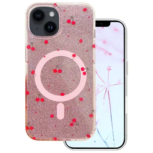 Cherry Mag Glitter telefono dėklas su MagSafe palaikymu iPhone 15 raudonas