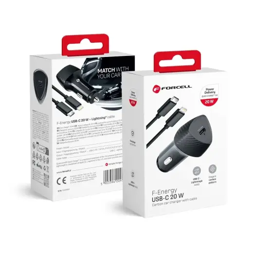 Зарядка для автомобиля Forcell F-Energy Carbon CC50-1C | 20W | PD, QC | USB-C, Lightning | с кабелем USB-C на Lightning в комплекте | чёрная