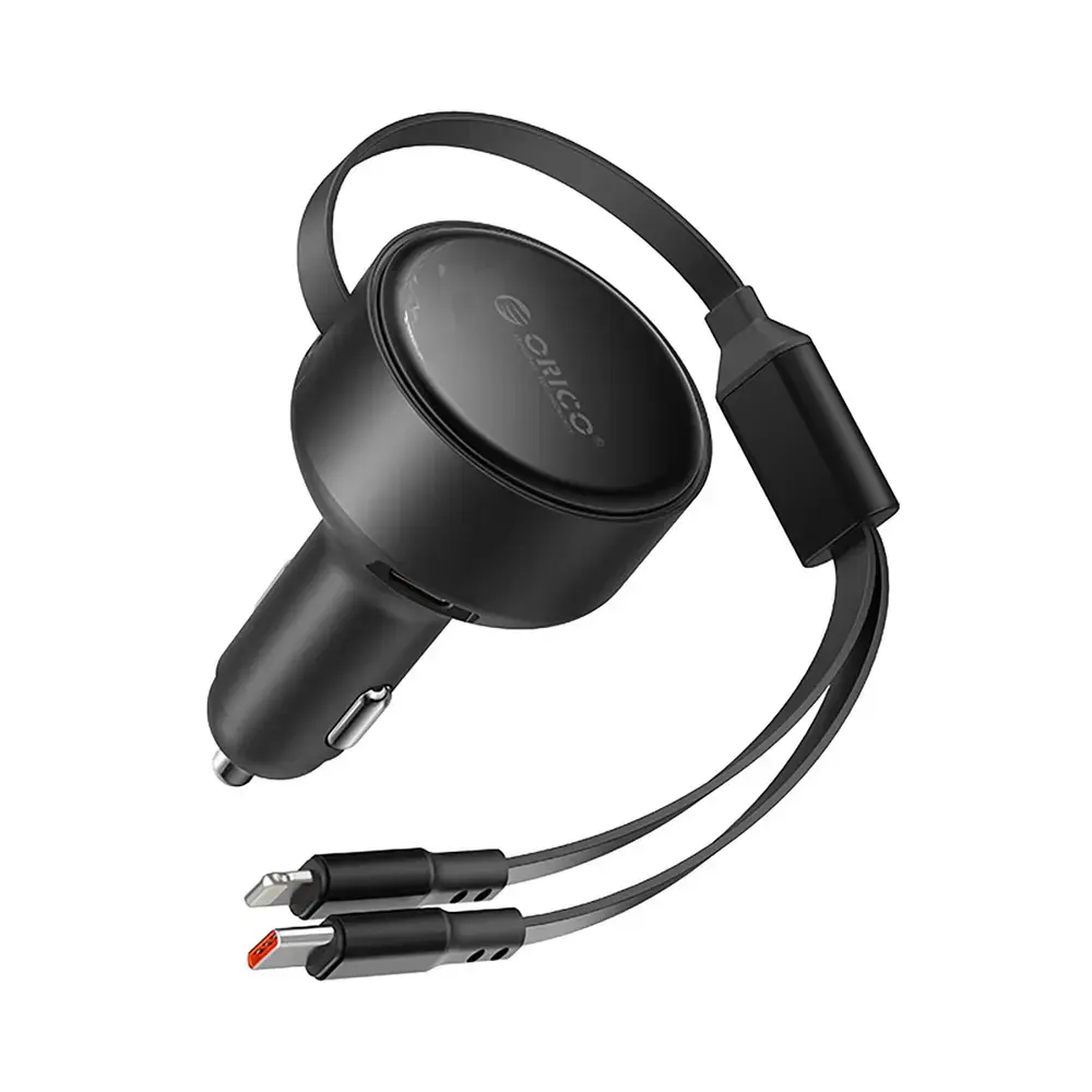Orico Dual Stretch auto lādētājs | 30W | USB-C, Lightning | ar USB-C un Lightning vadiem komplektā | melns