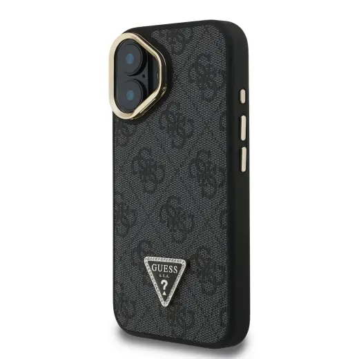 Guess PU 4G Strass Triangle Logo Stand Camera Frame MagSafe Case for iPhone 16 Black