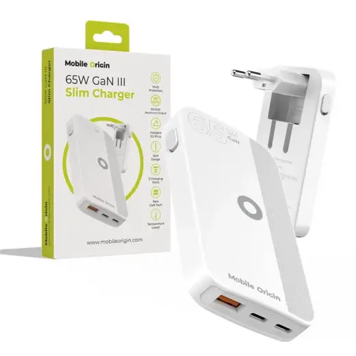 Mobile Origin 65W GaN III Slim Charger dual USB-C, Single USB-A white